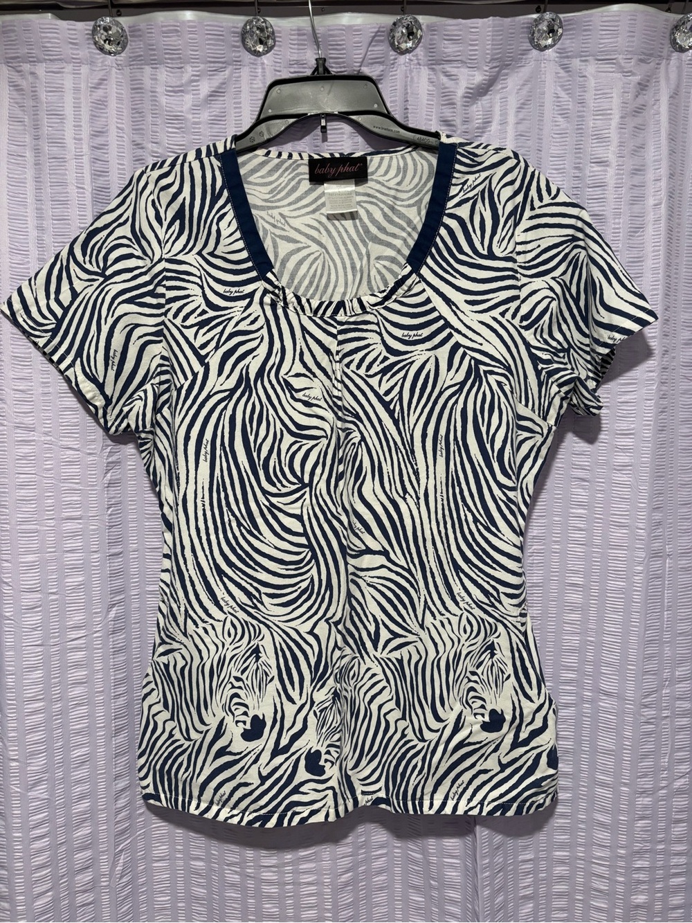 Baby Phat Navy and White Zebra-Print Scrub Top